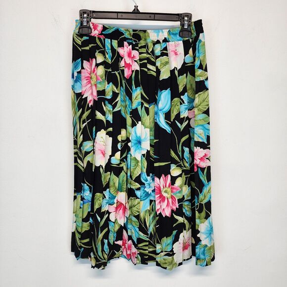 Vintage Alfred Dunner Floral Pleated Midi Skirt Size 12P Elastic Waist Tropical - Picture 3 of 11